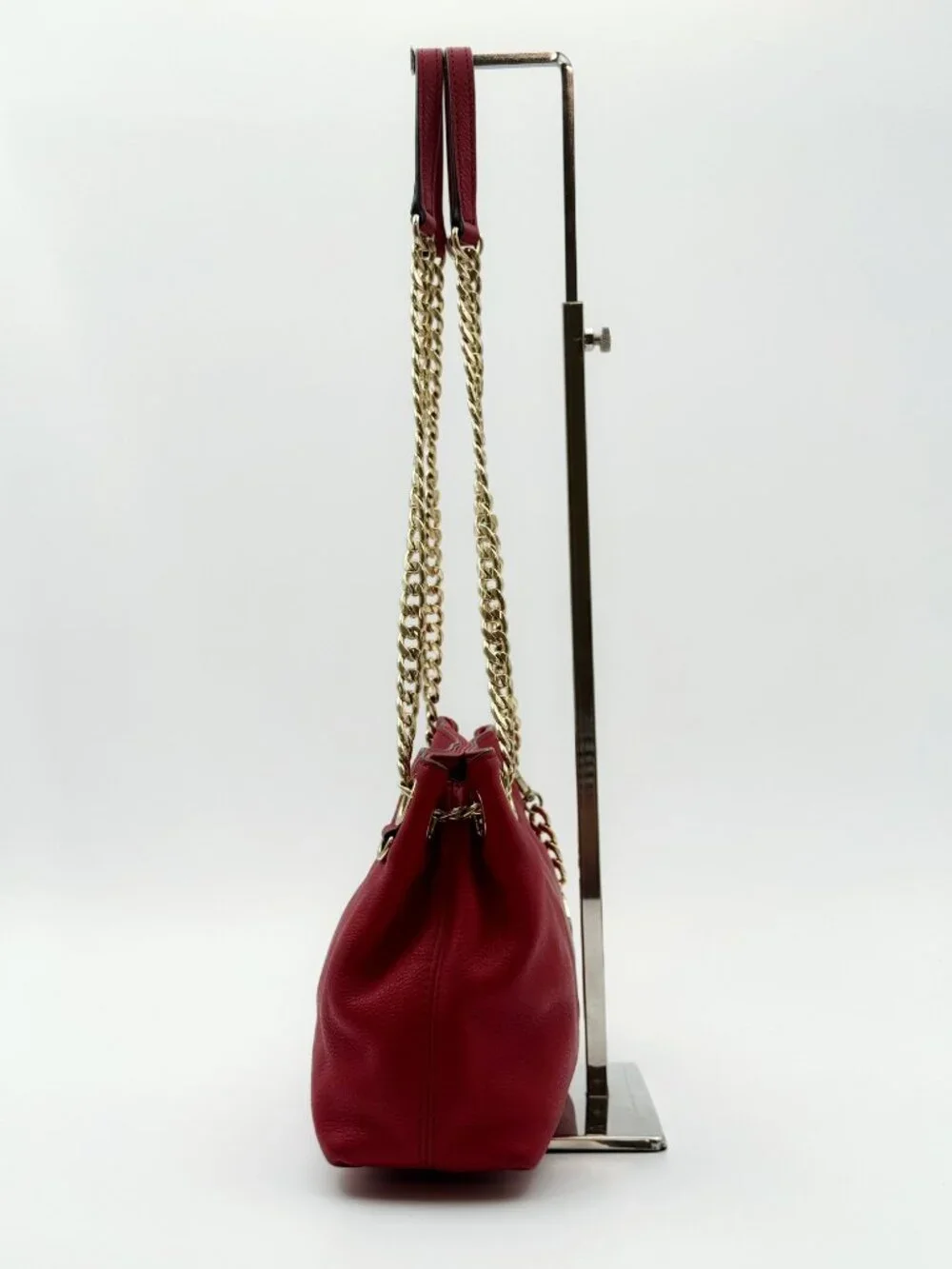 Michael Kors Red Leather Chain Shoulder Bag Gold Tone MK Charm Tote